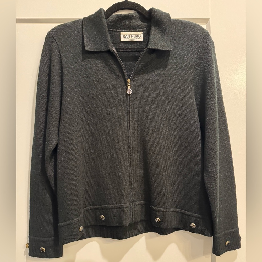 Vintage San Remo Black Zip-Up collared cardigan